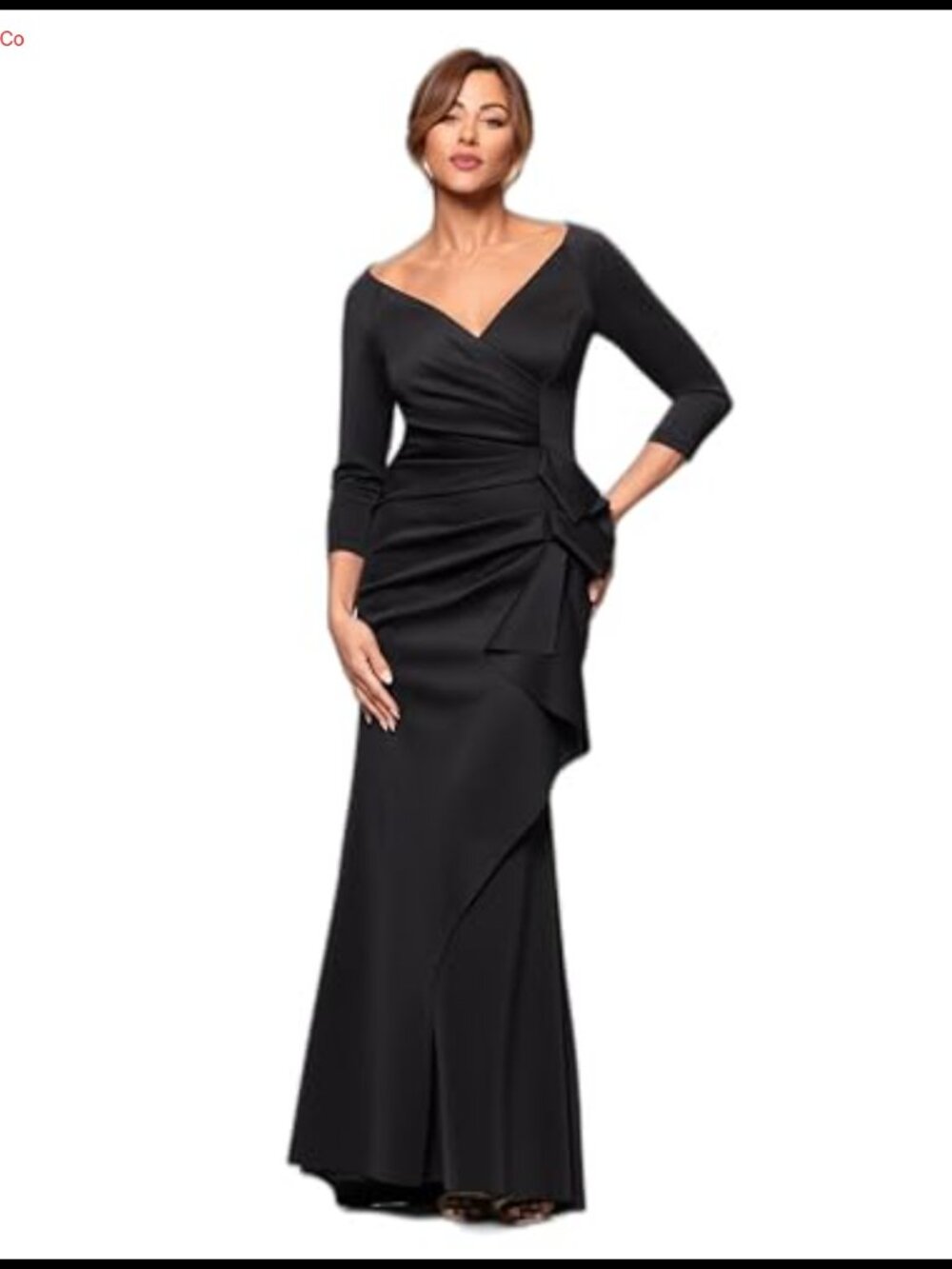 Xscape Floor Length V-Neck Bodycon Evening Gown 3/4 Sleeves Ruffle